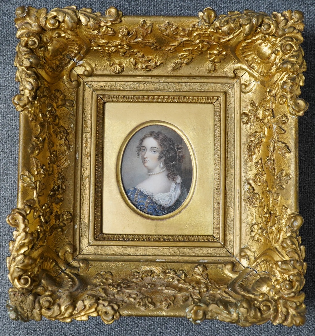A 19th century portrait miniature on ivory, Portrait of a lady wearing 17th century dress, 7.5 x 5.5cm, housed in ornate gilt frame. Condition fair to good, repairs and restoration to the frame, CITES Submission referenc